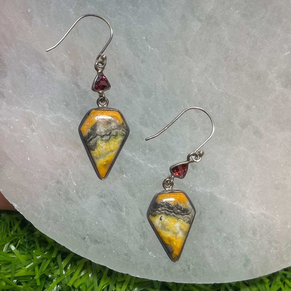 Rare Indonesian Bumblebee Jasper & Garnet earrings set in 925 Sterling Silver